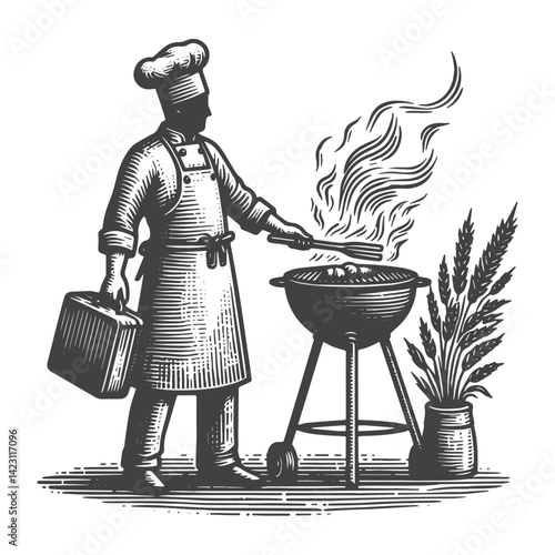 Vintage Hand-Drawn Barbecue Grill with Chef Standing Illustration – Outdoor Cooking Engraved Style Vector for T-Shirts, Posters, Stickers, and Rustic Home Apparel