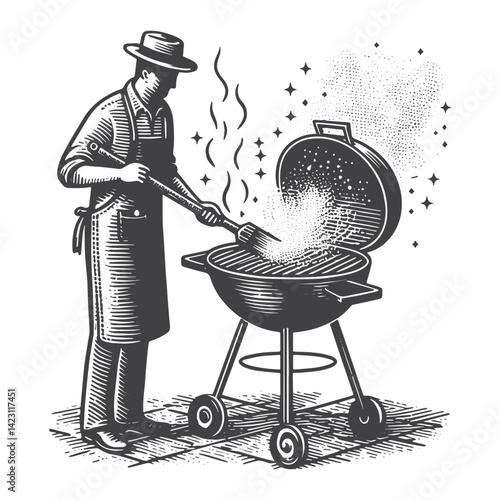 Vintage Hand-Drawn Barbecue Grill with Chef Standing Illustration – Outdoor Cooking Engraved Style Vector for T-Shirts, Posters, Stickers, and Rustic Home Apparel