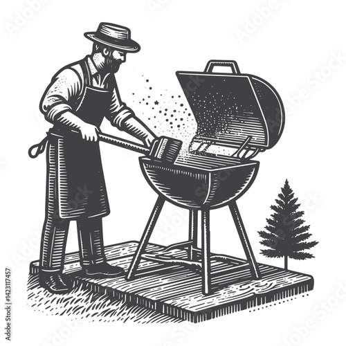Vintage Hand-Drawn Barbecue Grill with Chef Standing Illustration – Outdoor Cooking Engraved Style Vector for T-Shirts, Posters, Stickers, and Rustic Home Apparel