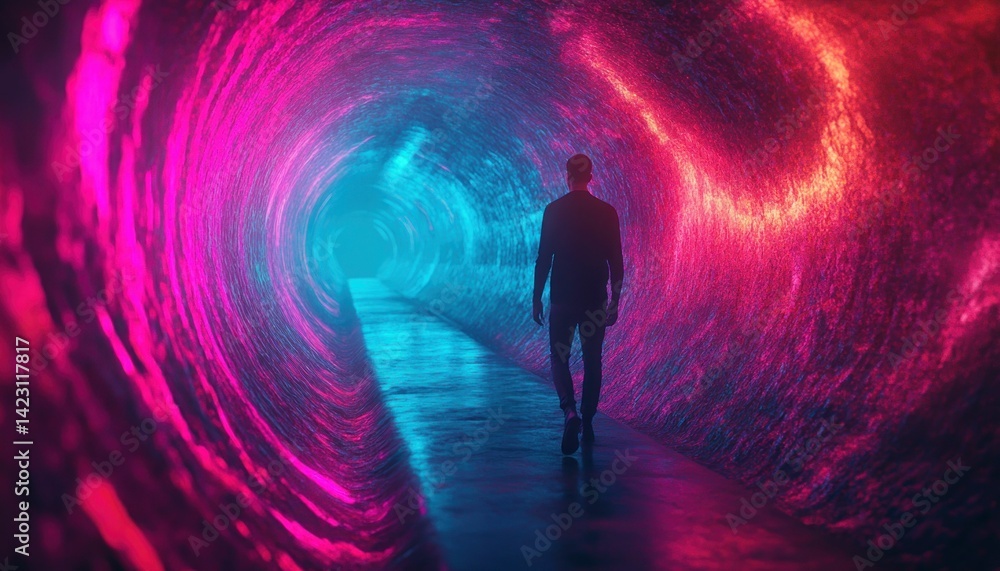 Silhouette walking through vibrant dimensional tunnel with luminous texture Silhouette walking through vibrant dimensional tunnel with luminous texture