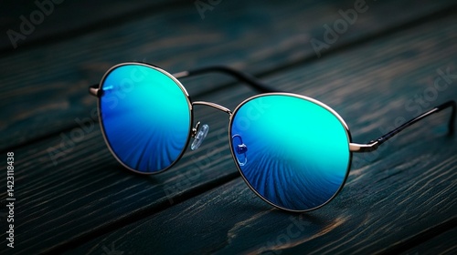 Round Blue Sunglasses on Wood