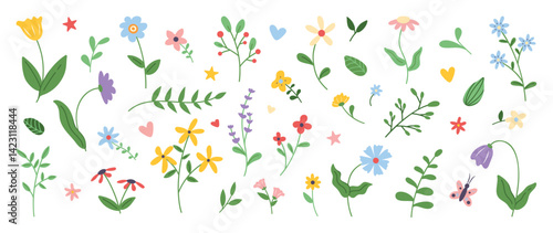 Collection of spring colorful flower elements vector. Set floral of wildflower, leaf branch, foliage on white background. Hand drawn blossom illustration for decor, easter, thanksgiving, clipart.