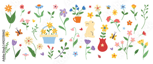 Collection of spring colorful flower elements vector. Set floral of wildflower, leaf branch, foliage on white background. Hand drawn blossom illustration for decor, easter, thanksgiving, clipart.