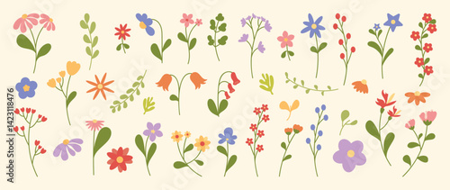 Collection of spring colorful flower elements vector. Set floral of wildflower, leaf branch, foliage on beige background. Hand drawn blossom illustration for decor, easter, thanksgiving, clipart.