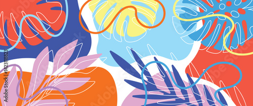 Summer tropical jungle background vector. Colorful botanical with exotic plants, monstera, flowers, palm leaves. Happy summertime illustration for poster, cover, banner, print.