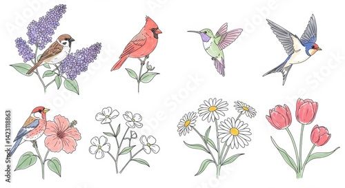 Minimalist Line Art of Five Birds and Florals