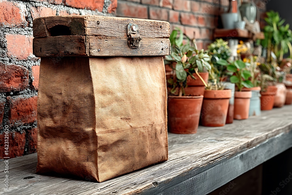 Rustic Paper Bag on Wooden Shelf