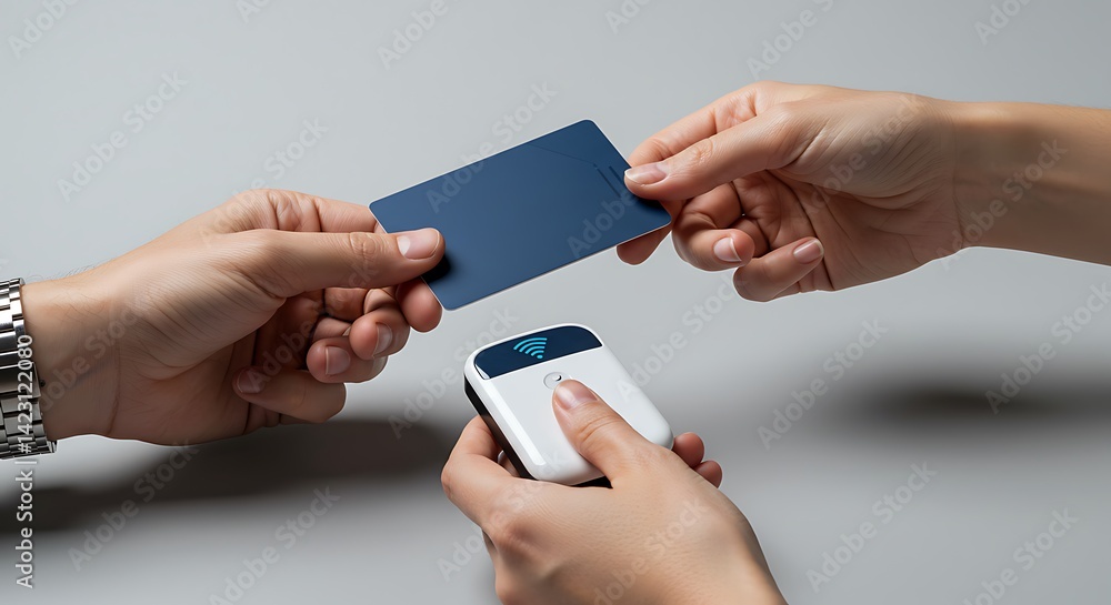 Secure access: Hands exchanging a contactless card over wireless device