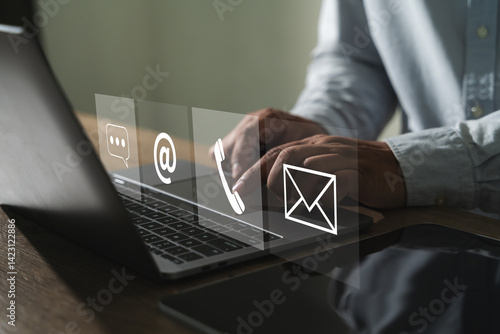 Foto CONTACT US man searching web, browsing get in touch via mobile, email, or chat