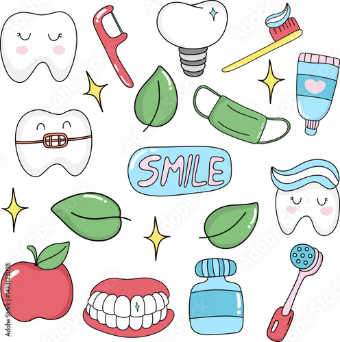 Hand Drawn Dentist Clip Art. Doodle Teeth, Smile, Dental Planner Stickers. , Medical, Healthcare, Stomatology, Tooth Hygiene Illustrations.