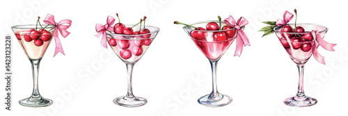 Watercolor set of glasses with cocktail and cherries decorated with a pink bow. Watercolor glasses with cherry cocktail. Trendy coquette core template.