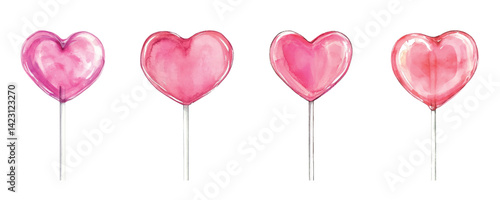 Watercolor set of heart lollipops png. Romantic pink heart-shaped lollipops in a coquette's shame. Sugar caramel. Vintage elements for Valentine's Day and other romantic designs.