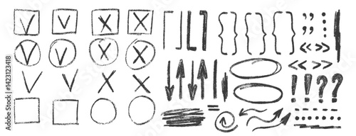 Check marks, arrow doodle set. Crayon underlines, quotation marks, brackets and signs. Scribble sketch pencil emphasis note highlights. Vector hand drawn illustration isolated on white background.
