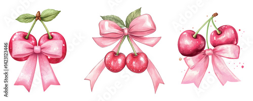 Cute set of red cherries with sparkles and pink bow. group of Red and hot pink coquette cherries with ribbon bow, aesthetic watercolor hand drawing banner