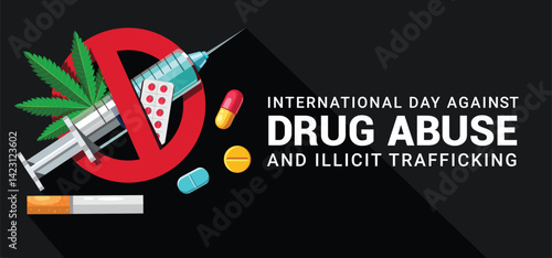 International day stop drug campaign clipart. Anti drugs abuse clip art banner in black background for stop addiction banner design vector illustration. 
