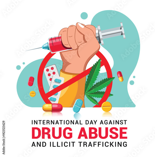 Drug abuse international day poster clipart. Anti drugs campaign clip art stop addiction of illegal medicine and wild plant warning signage banner vector illustration.  
