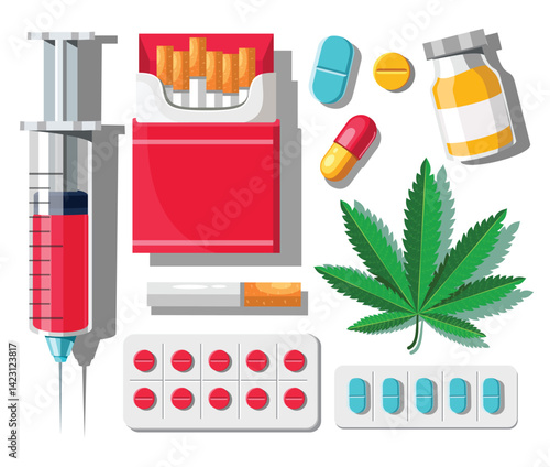 Drugs icons elements clipart set. Drug abuse harmful symbol like injection, medicine, pill, cannabis, wild plant and cigarettes clip art collection vector illustration.  
