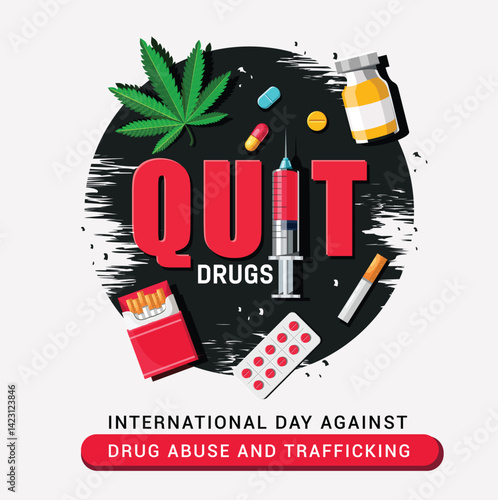 International drug abuse poster clipart. Quit drugs campaign clip art with illegal medicine, wild plant and pill elements for international day banner vector illustration. 
