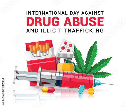 Drug abuse international campaign clipart design. Anti drugs clip art poster with injection, pill, cocaine and illegal medicine elements stop addiction banner vector illustration. 

