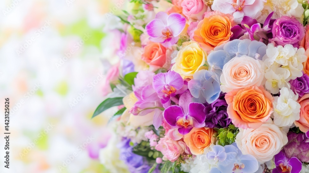 Obraz premium Vibrant flower bouquet with colorful roses, orchids, and hydrangeas against a soft bokeh background.