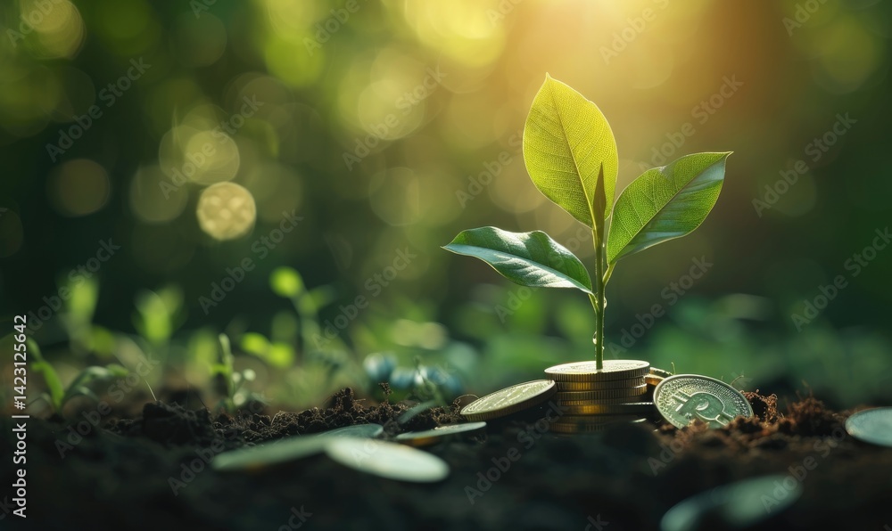 Green plant sprouting from a stack of gold coins in rich soil