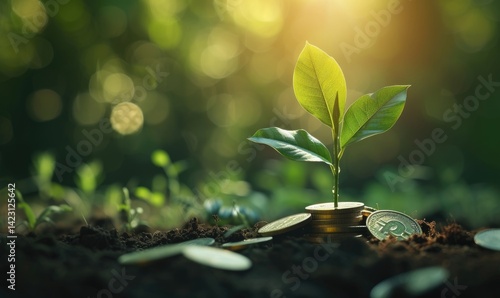Obraz na płótnie Green plant sprouting from a stack of gold coins in rich soil w salonie