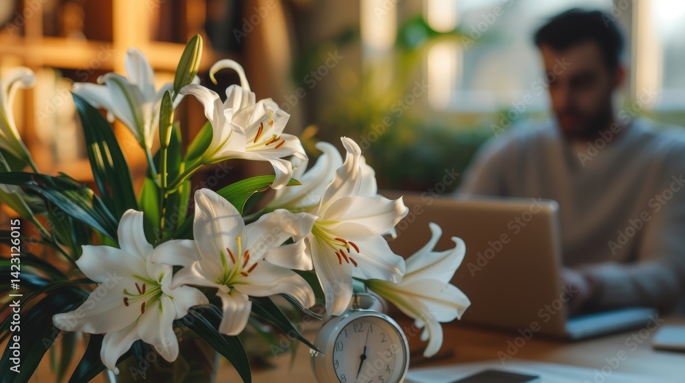Bouquet of white lilies sits near a clock and a blurred man using a laptop.