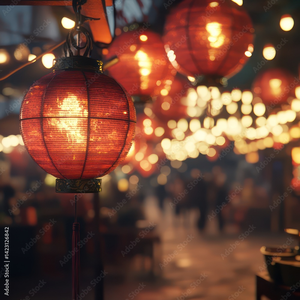 Warm glowing lanterns festive urban night Warm glowing lanterns festive urban night
