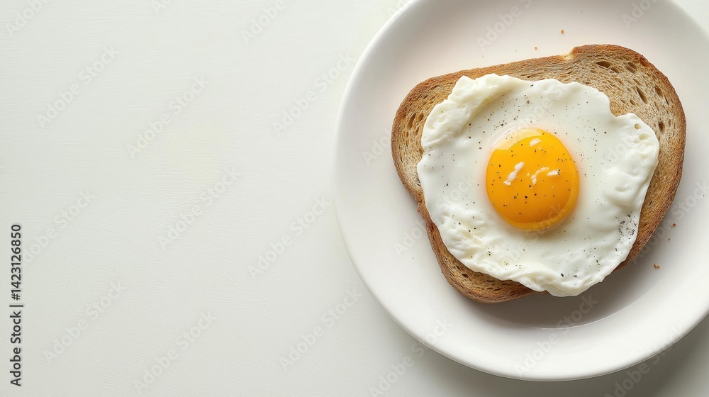 White plate with a slice of bread on it. on top of the bread, there is a fried egg with a sunny-side up yolk. the egg is cooked sunny side up, with the yolk still intact and the whites still intact. White plate with a slice of bread on it. on top of the bread, there is a fried egg with a sunny-side up yolk. the egg is cooked sunny side up, with the yolk still intact and the whites still intact.