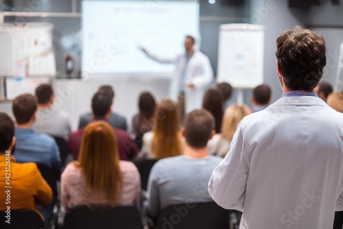 Blurred image of a large group of people attending a medical conference, a doctor in the background giving a presentation, concept for medical training, healthcare seminar, medical conference