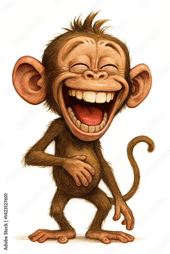 Happy Cartoon Monkey Laughing With Hands on Belly and Closed Eyes
