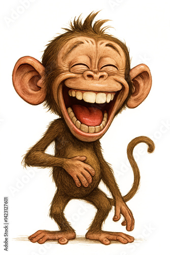 Obraz na płótnie Happy Cartoon Monkey Laughing With Hands on Belly and Closed Eyes w salonie