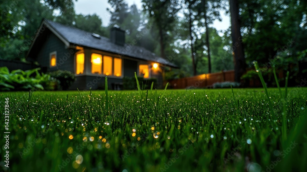 Obraz premium A well-maintained lawn in front of a home at twilight.