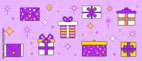 Gift boxes and party sparkles set pixel art style. 8 bit birthday presents. Y2k giftbox in retro 90s style. Prize with bow vector collection illustration. Surprise packages with festive ribbons.