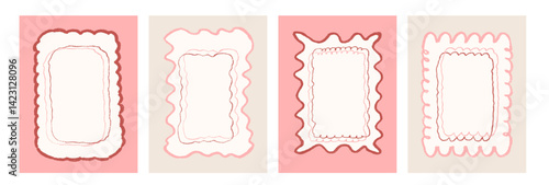 Scallop text boxes frames pencil hand drawn set. Wavy groovy rectangle borders by crayon isolated on white background. Wobbly y2k decorative callouts elements. Vector retro doodle blank illustration.