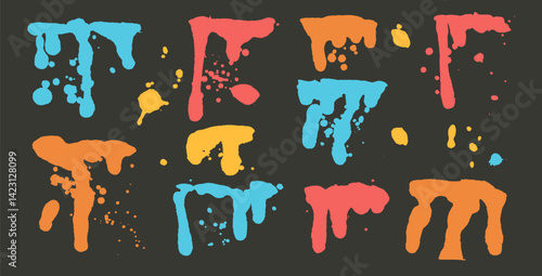 Graffiti art spray splatters set. Grunge colorful spraypaint splashes and drips. Paint spots and blob shapes. Collage smudge vibrant colors element. Dirty liquid spatter silhouette. Vector hand drawn.