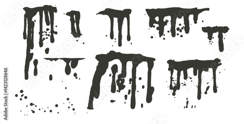 Paint spray aerosol splatters set. Grunge graffiti splashes and drips. Ink spots and blob shapes. Collage smudge spill. Dirty liquid. Vector hand drawn collection illustration on white background.