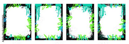 Grunge background frames set. Border templates with graffiti airbrush lines stroke and splashes. Acid paint frames decoration design. Retro texture poster mockup overlay. Vector illustration.