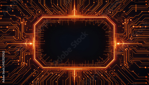 Futuristic circuit interface background showcasing a digital frame with glowing elements. Designed for concepts involving advanced technology, machine learning, data flow, and modern digital systems. 
