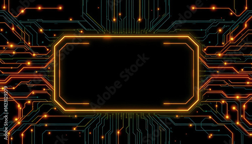 Futuristic technology background featuring a glowing digital circuit board frame with orange and yellow neon lights. Perfect for themes related to cyber technology, innovation, high-tech systems, and 