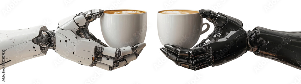 Robots share a coffee cup, showcasing advanced technology, PNG, created with Generative AI