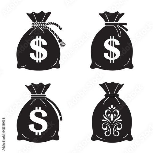Modern Doller icon money bag silhouette illustration 4 set design showing strong graphic style for personal budgeting e wallet mobile finance banking and financial planning designs
