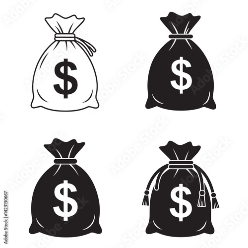Minimalist Doller icon money bag silhouette illustration 4 set design perfect for banking fintech services financial infographics cash tracking tools and economic visual presentations
