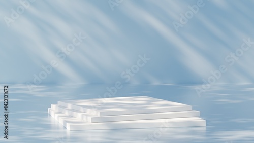 elegant scene showcasing a blue stone podium atop still water, with gentle shadows from a sunshade enhancing the cool winter vibe, ideal for highlighting cosmetic products