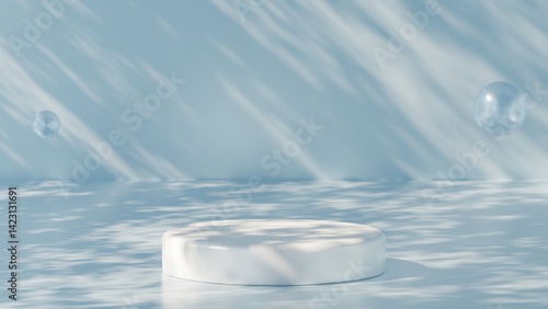 elegant scene showcasing a blue stone podium atop still water, with gentle shadows from a sunshade enhancing the cool winter vibe, ideal for highlighting cosmetic products