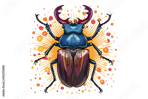 European stag beetle, or greater stag beetle (Lucanus cervus) top view of large insect bug with big horns vector illustration, large insect with mandibles, top view. Bug species with big horns