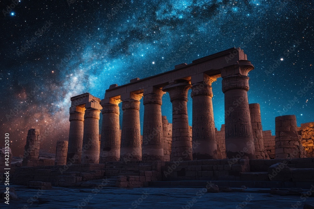 Obraz premium Ancient Temple Ruins Starry Night Sky Majestic Columns Egypt Architecture History Mystical Nighttime