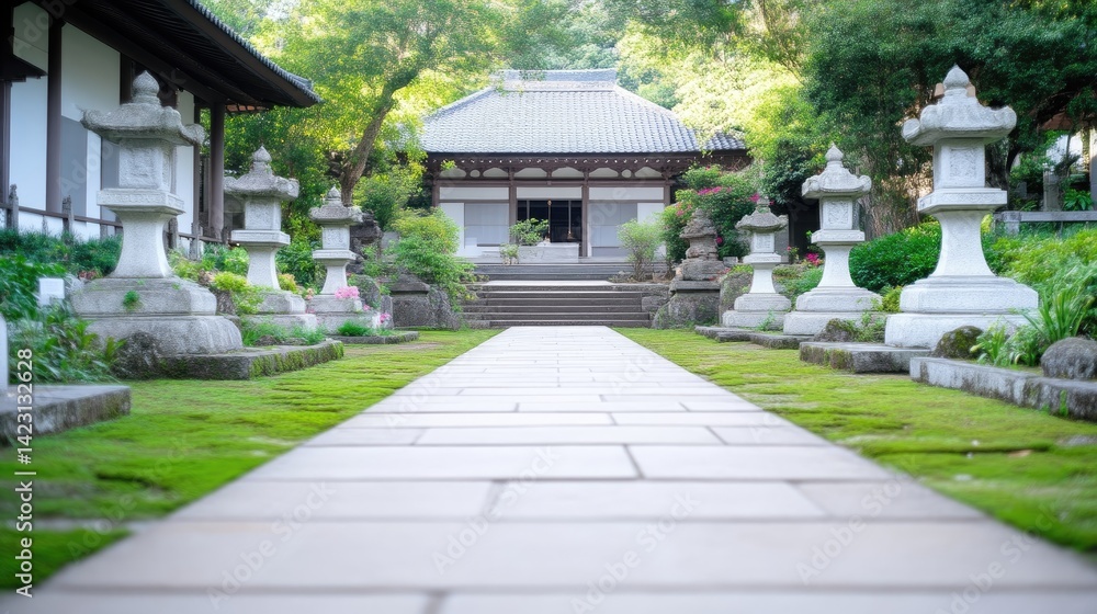 Peaceful temple pathway, lush greenery Peaceful temple pathway, lush greenery