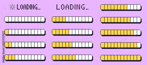 Pixel art loading bar interface. 8 bit game progress button elements set and text. Waiting signs in retro 80s style. Vector illustration life indicator.