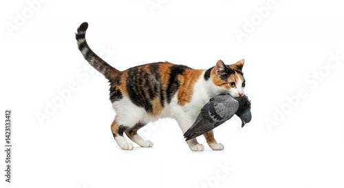 Calico Cat Isolated on White Carrying Dead Pigeon in Mouth with Multicolored Fur and Upright Tail Perfect For Decoration